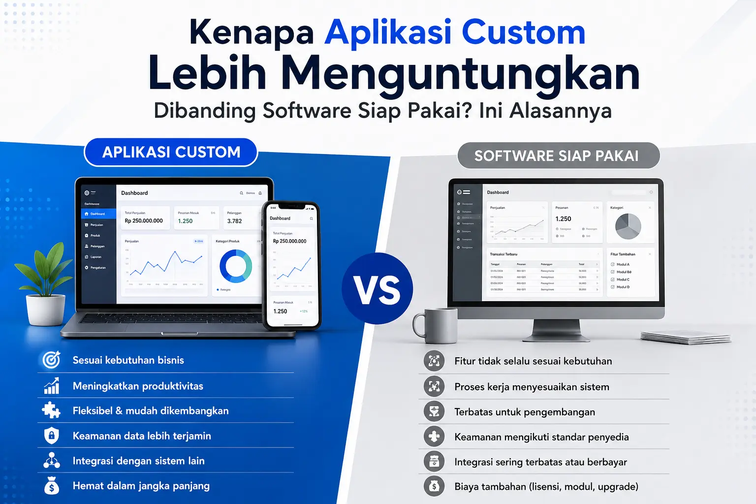 Perbandingan aplikasi custom dengan software siap pakai untuk meningkatkan produktivitas bisnis